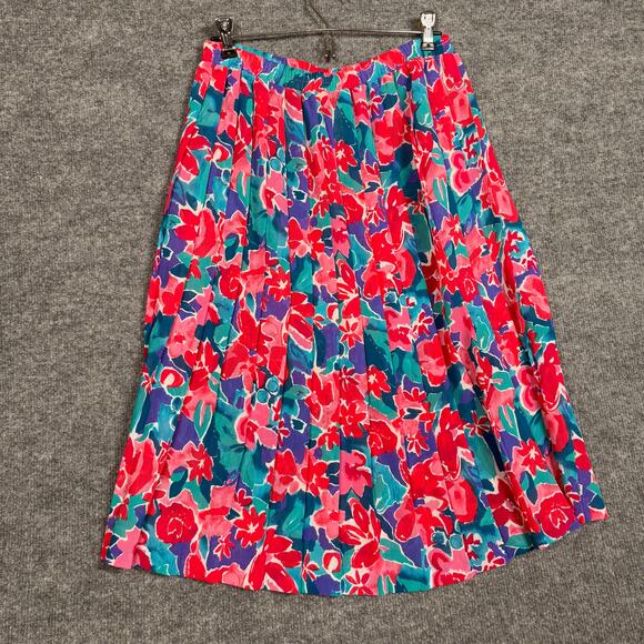 Vintage Leslie Fay Sz 10 Pleated A Line Midi Swing Skirt Red Floral Full Length - Picture 2 of 8